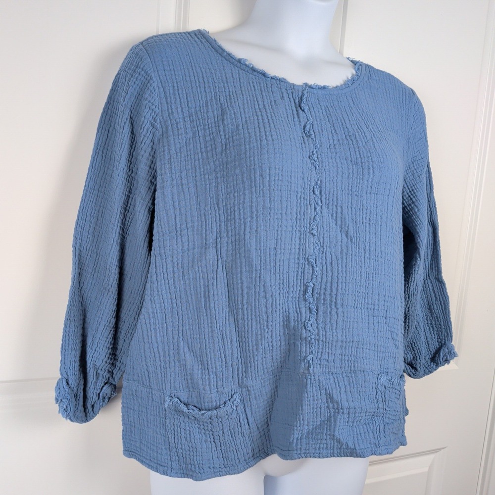 Coastal Grandma Lagenlook Blue Cotton Gauze Textured Top 3/4 Sleeve Size XL